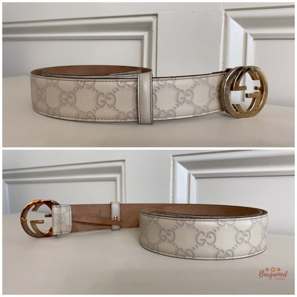 Authentic Gucci Cream Guccissima Leather Gold Interlocking G Buckle Belt 80/32 - Picture 10 of 13